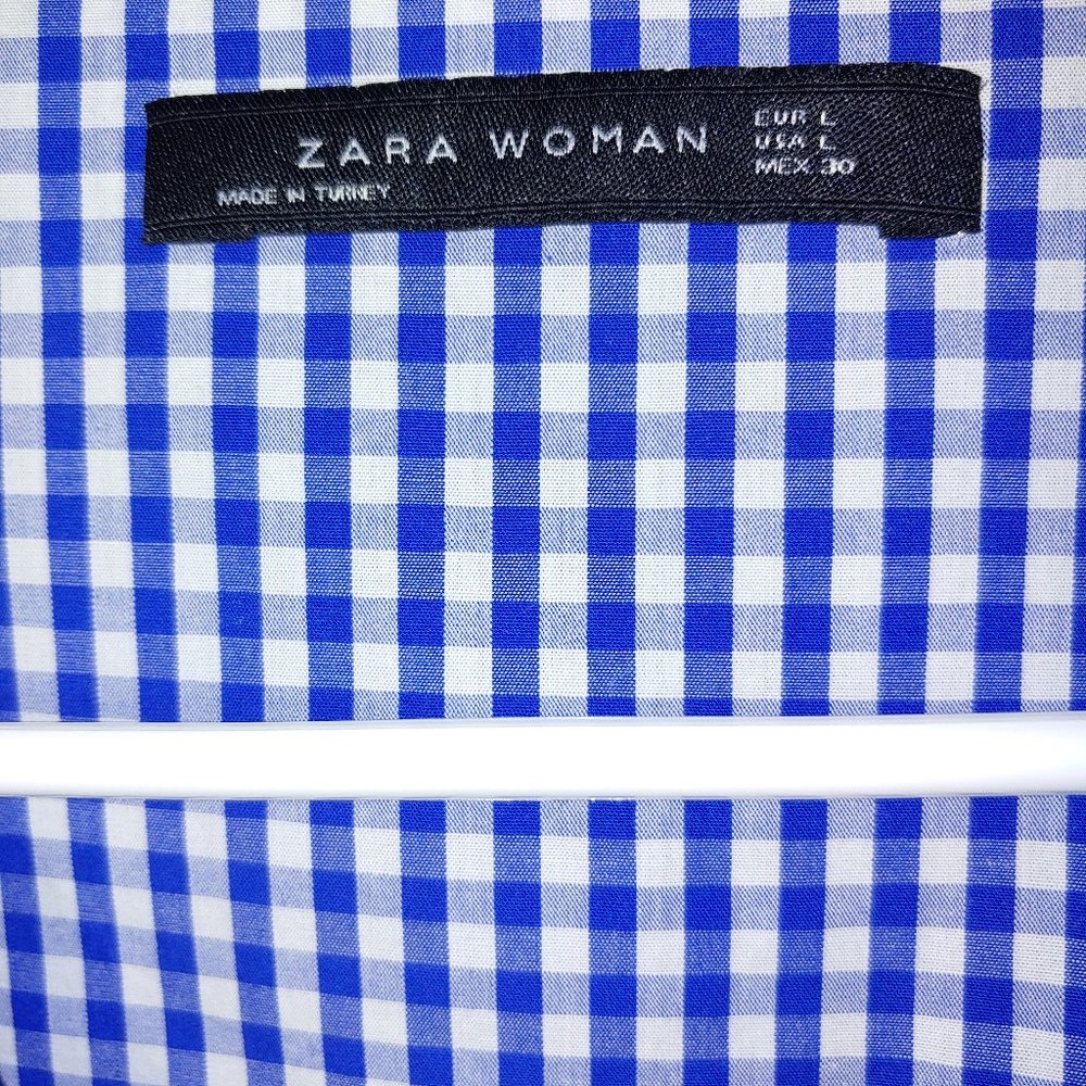 Zara Women Gingham Bell Sleeve Blouse Size Large Blue - Picture 2 of 4